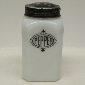 McKee White Glass BLACK SHIELD 4 1/2 Inch High PEPPER Shaker, Original Metal Lid